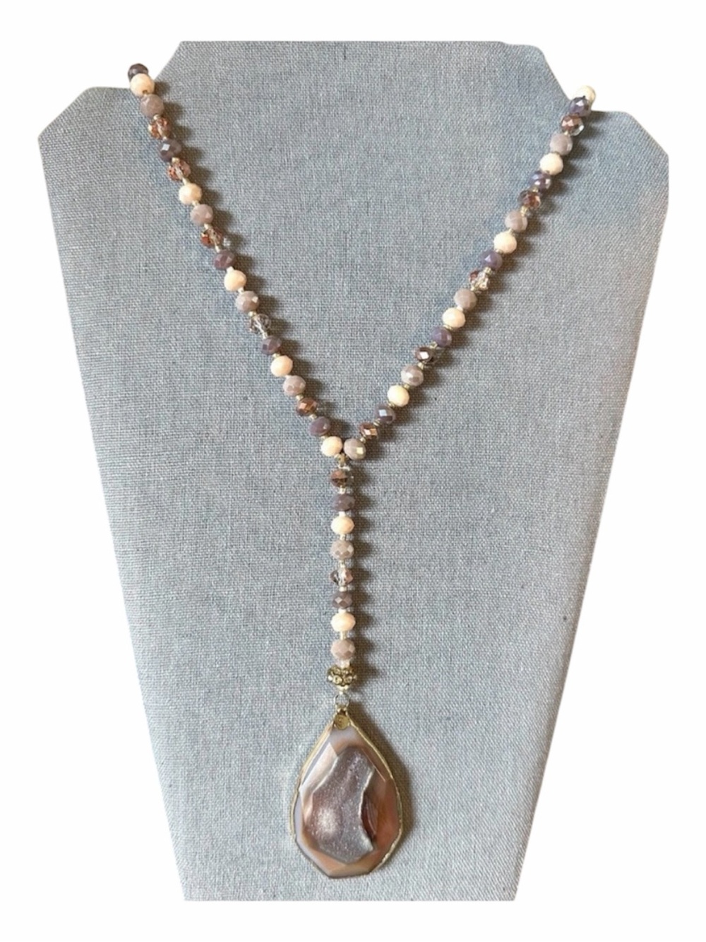 Gold-Edged Agate Teardrop Y-Necklace in Beige and Taupe - Unbranded